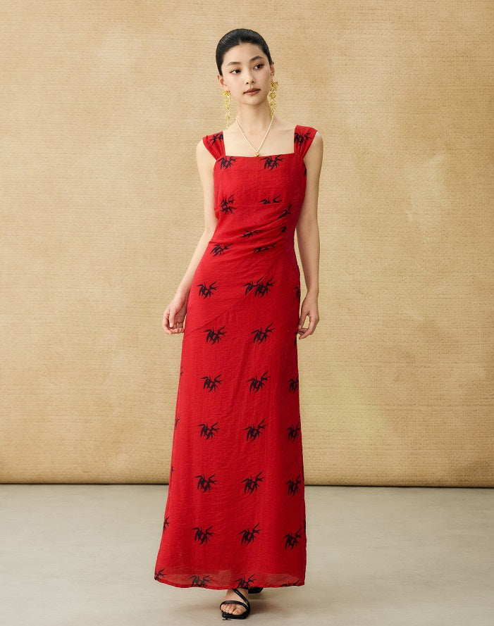 HECO Chinese irregular pleated camisole bamboo leaf print long dress- ROCK .