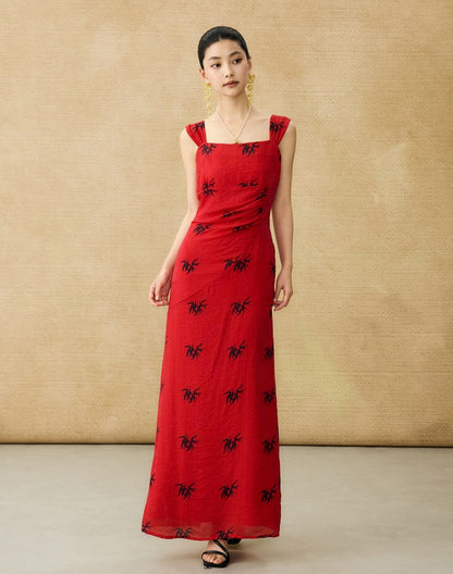 HECO Chinese irregular pleated camisole bamboo leaf print long dress- ROCK .