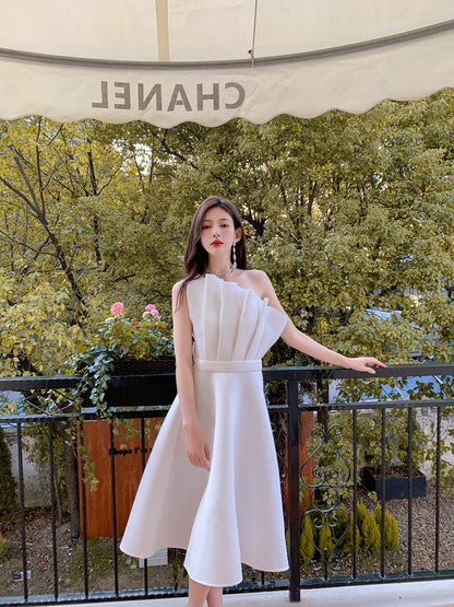 DOLLY Elegant Off Shoulder Pleated Ruffle Tube Top High Wait Midi Dress-LLA