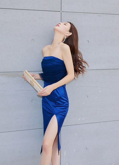 DOLLY Elegant Royal Blue One Shoulder Chest Wrap Slim Fit Slit Dinner Dress-ALLEGRA