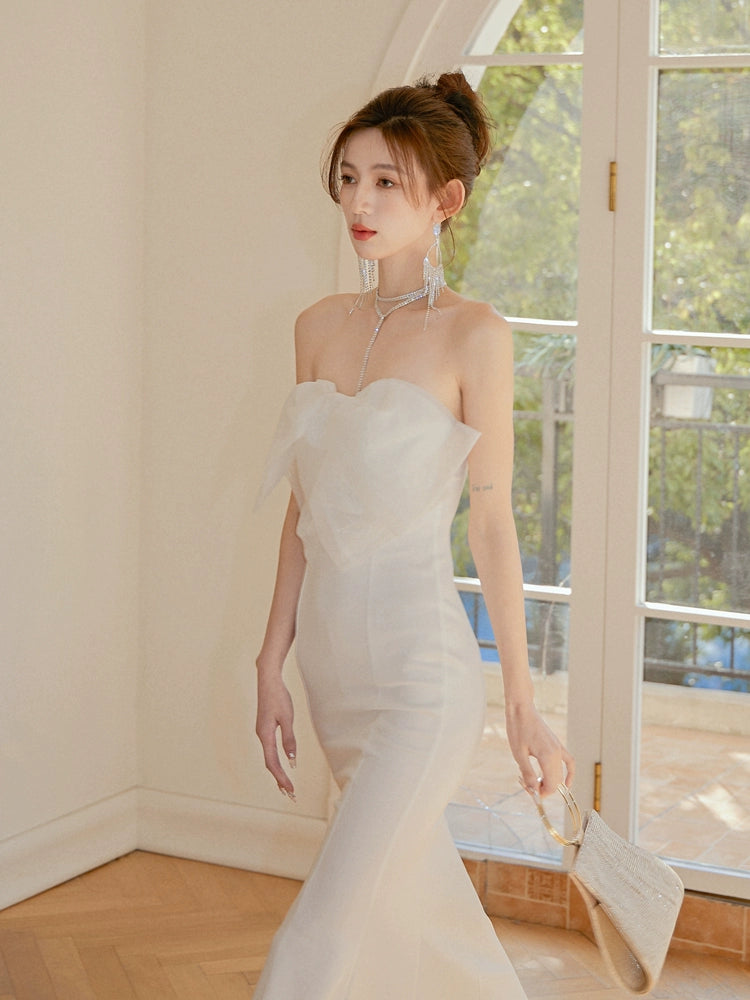 DOLLY Elegant White French Style Big Bow Long Fish Tail Cocktail Dress-FREYA