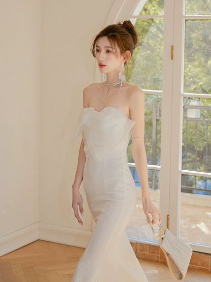 DOLLY Elegant White French Style Big Bow Long Fish Tail Cocktail Dress-FREYA