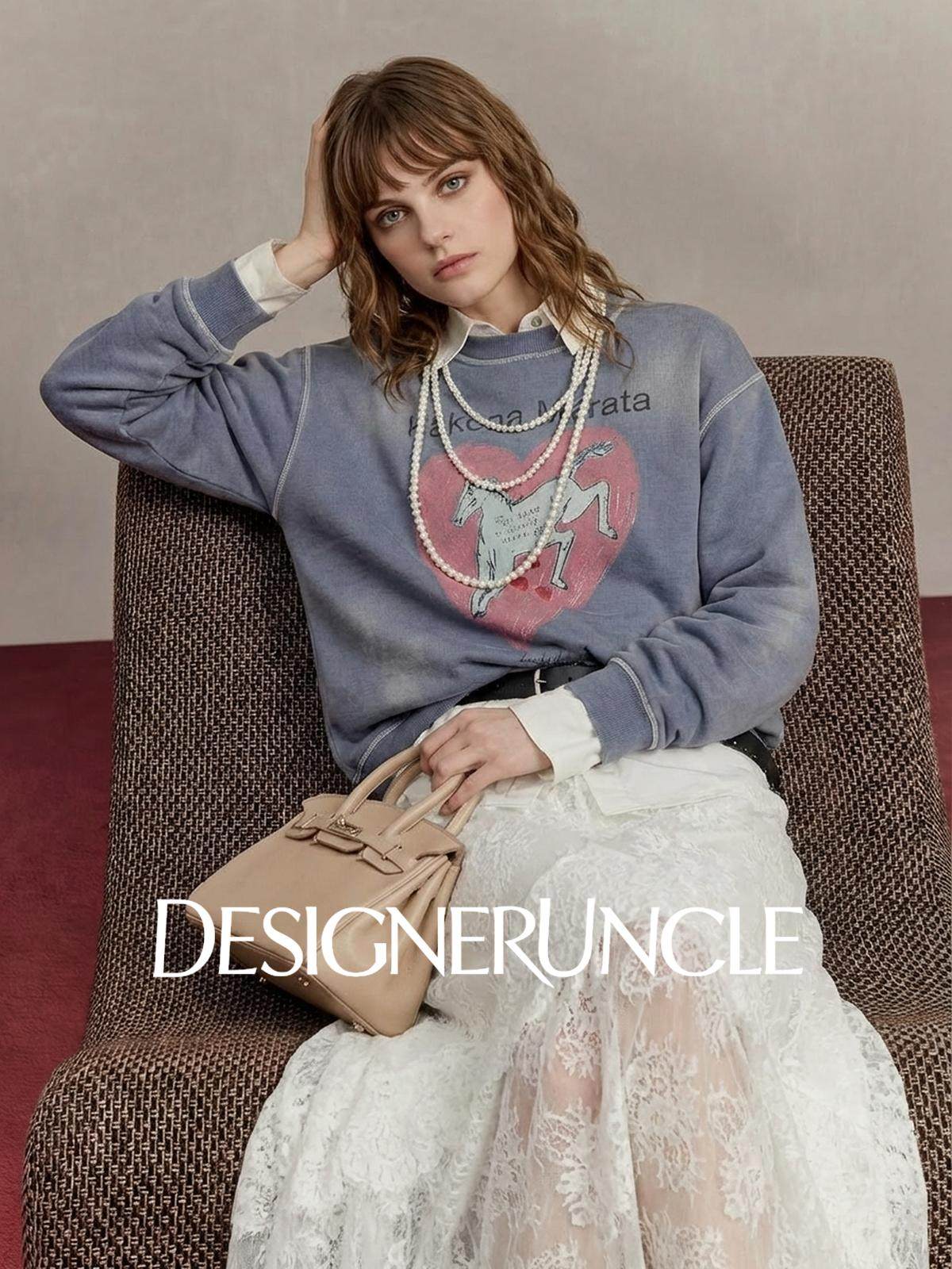 DGU×LAB "Lanma" blue fleece sweatshirt new loose printed crew neck top - FLAUX