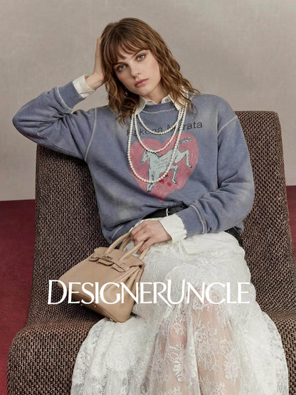 DGU×LAB "Lanma" blue fleece sweatshirt new loose printed crew neck top - FLAUX