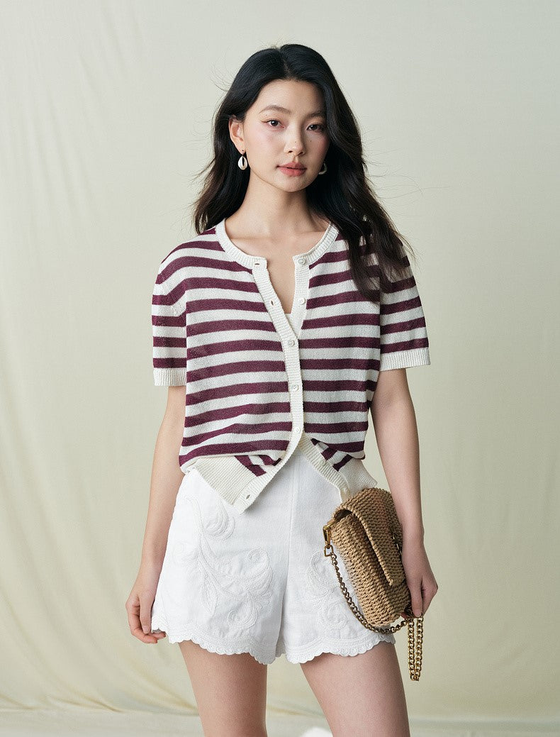 SUSHE light hollow texture striped short-sleeved knit sweater new stretch loose top -BESS