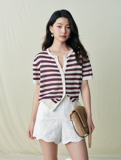 SUSHE light hollow texture striped short-sleeved knit sweater new stretch loose top -BESS