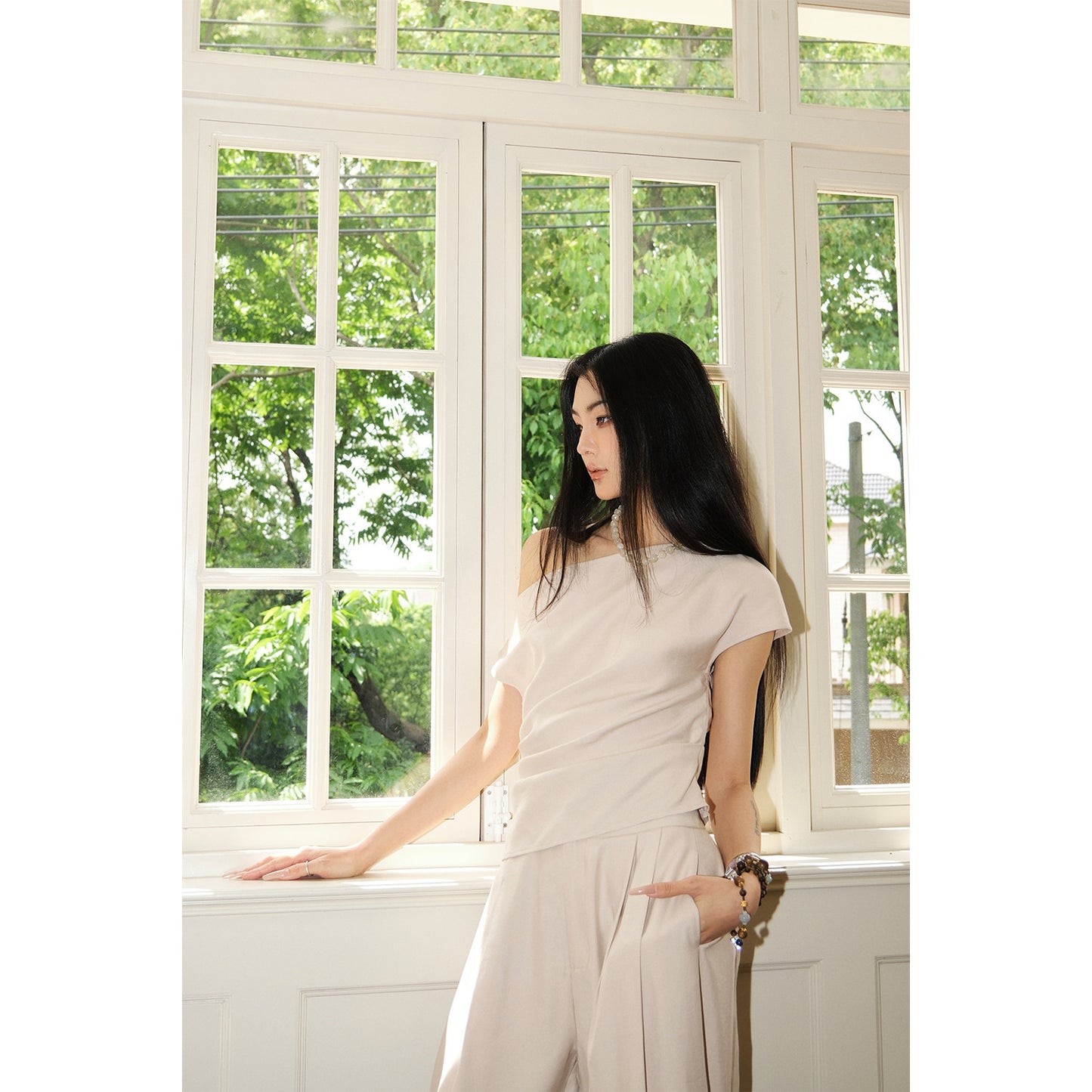 MEI SANGUAN slant neck top and wide-legged casual pants two-piece set- EMBER