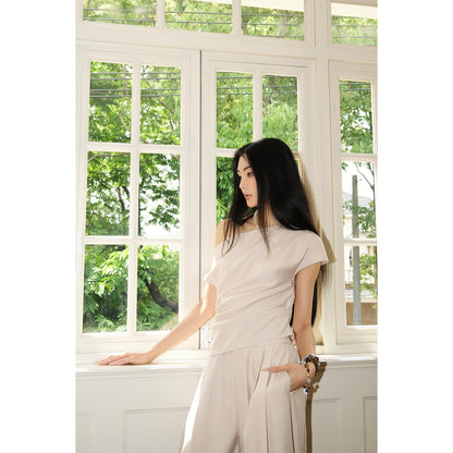 MEI SANGUAN slant neck top and wide-legged casual pants two-piece set- EMBER
