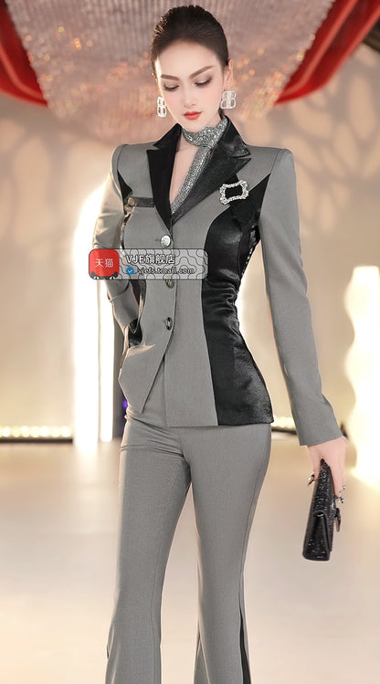 VJE  Color-Blocking Suit Micro Flared Pants Two-Piece Set - YUN.