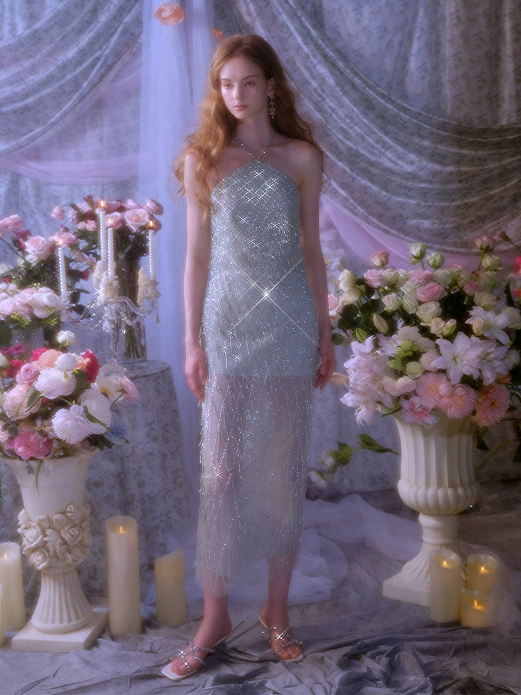 Wardrobes by Chen Elegant Green Halter Tassel cocktail party Dress-Zen