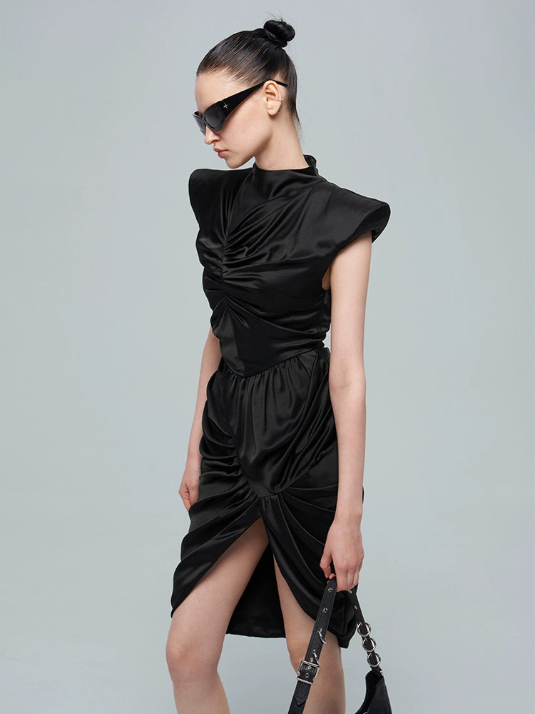 ANNAKIK black acetic multi-pleated three-dimensional flying sleeve dress-SHIGAKI