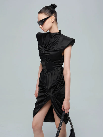 ANNAKIK black acetic multi-pleated three-dimensional flying sleeve dress-SHIGAKI