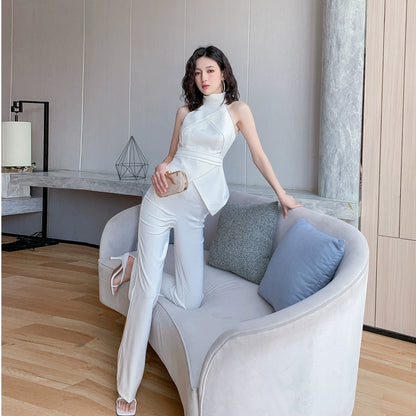 DOLLY Elegant Stand Collar Sleeveless Off Shoulder Top +Long Flared Pants-UGO