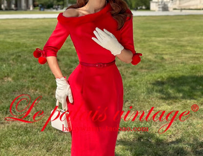 Le Palais Vintage Red Trim Tweed Off-the-Shoulder Dress-DANA