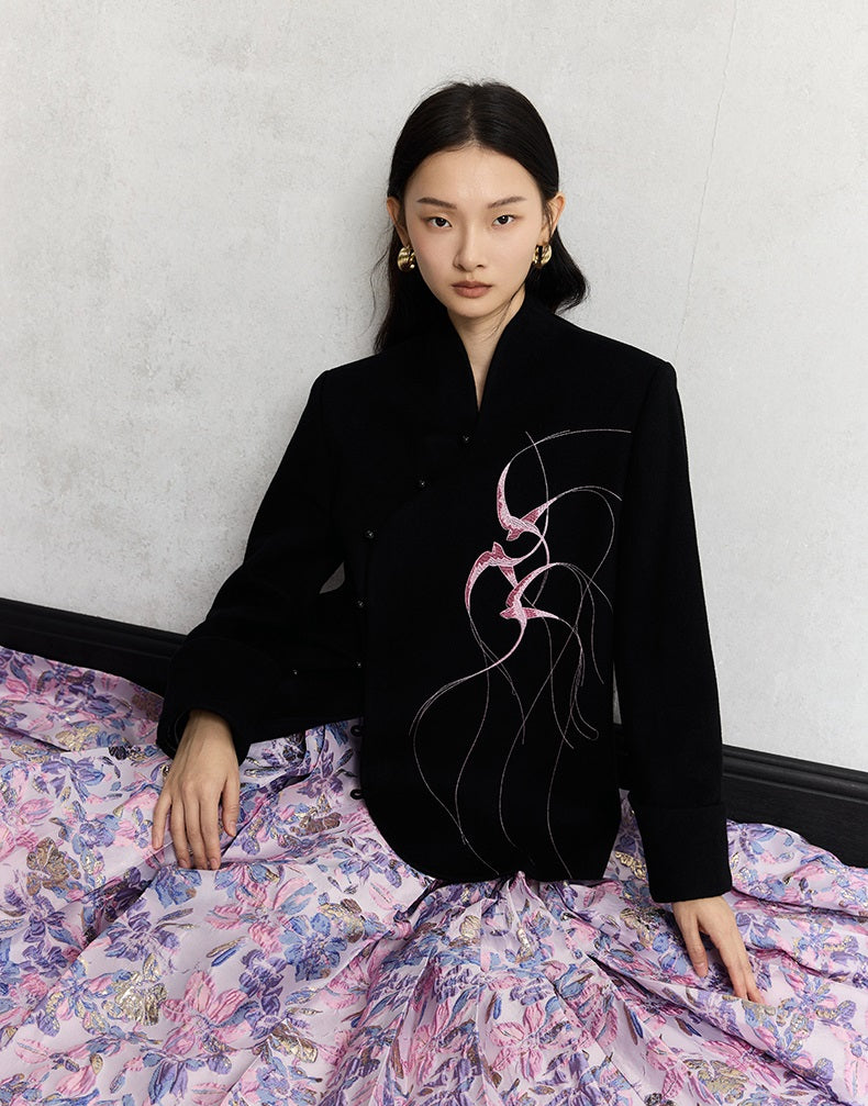 HECO Swallow embroidery tweed black Jacket Women - sinc.