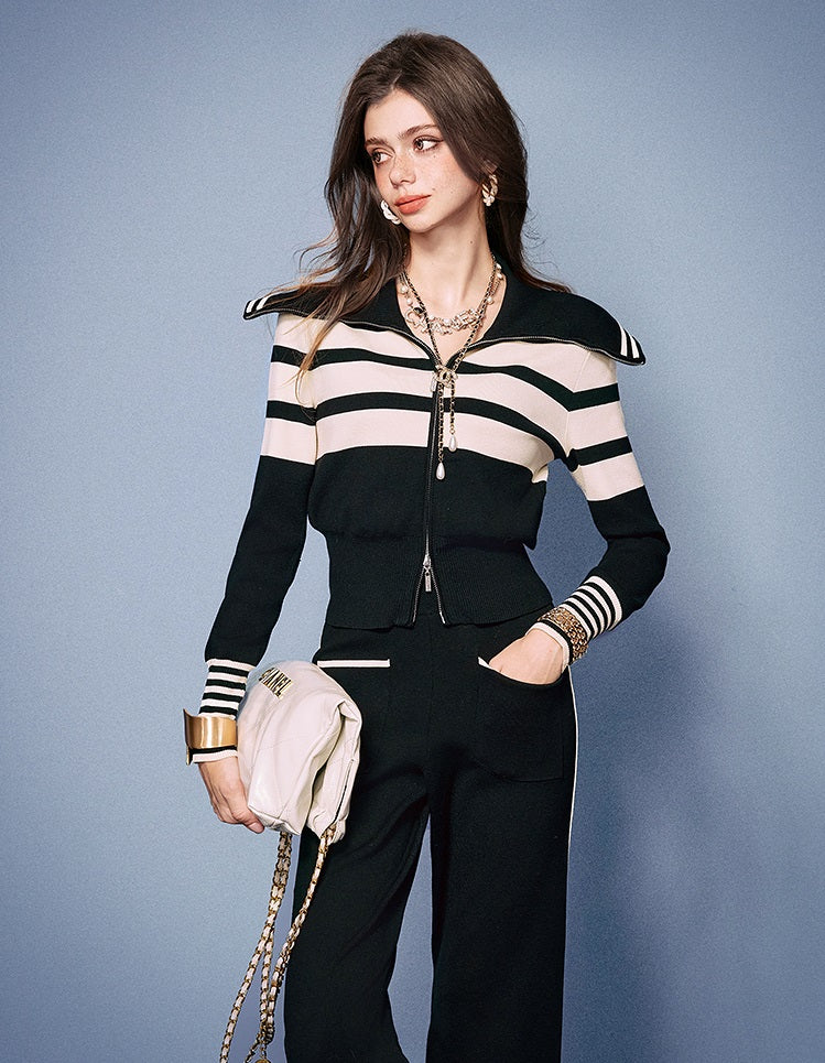 CHICHY Knitted Two-Piece Black Striped Knitted Cardigan Casual Pants-IFE