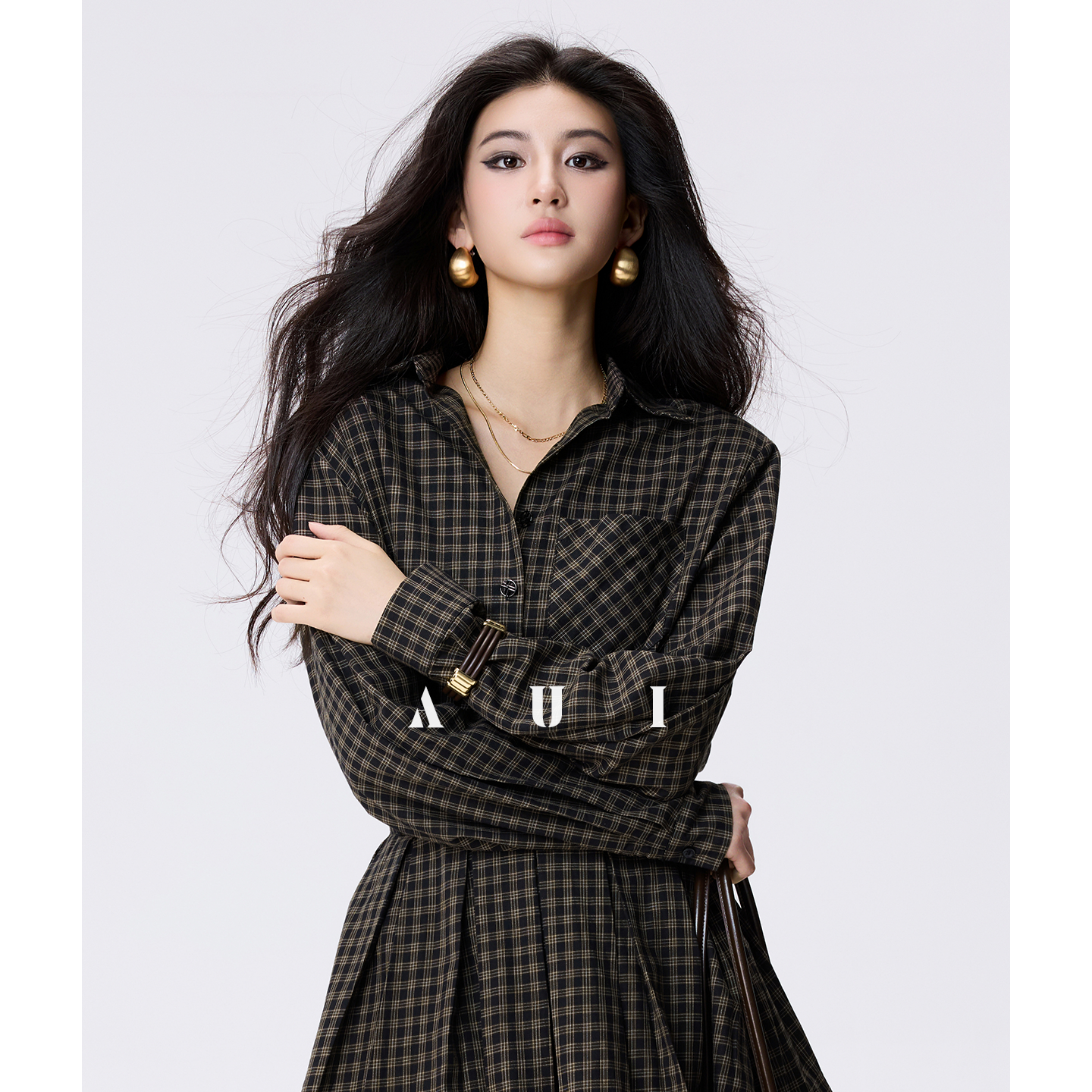 AUI Celebrity Temperament Plaid Shirt Slim POLO Dress - Ga-Ram