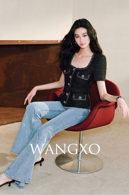 WANGXO Filigree Lumina Top High-End Delicate Webbing Belt & Square Neckline - MIRNA