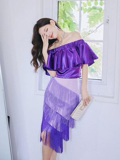 DOLLY Elegant Purple Satin Ruffle Of Shoulder Top+ Gradient Tassel Skirt-ZAYN