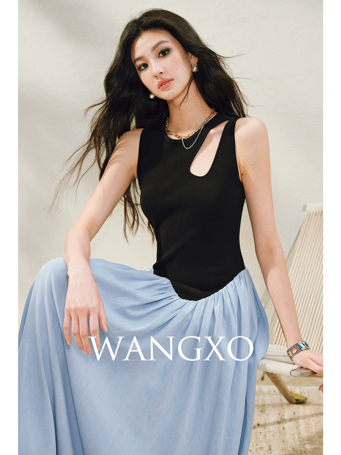 WANGXO |Tailoring Sleeveless Umbrella Hem Dress in Sculpted Casual Elegance -LUMA