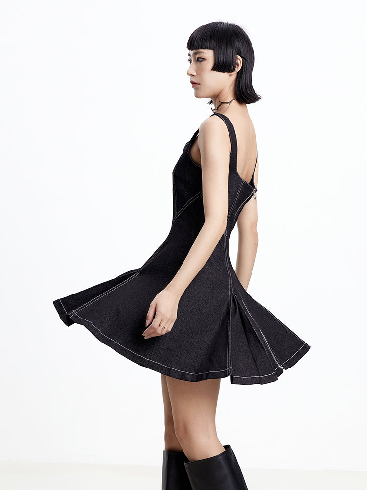 TINY IN topstitched denim women's summer short black dress -DAZE