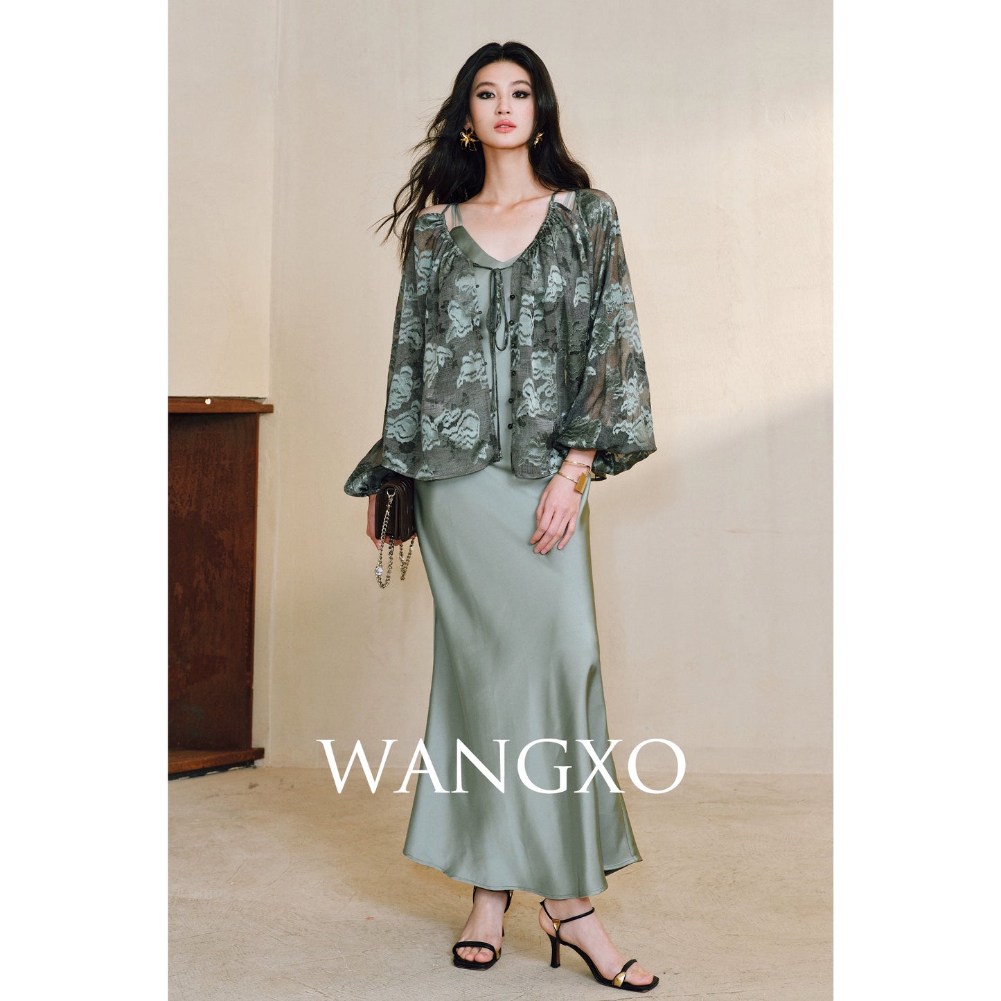 WANGXO Devoré Lace Light and Shadow Heavy Industry Bias French Cardigan & Satin Sundress Set - ESMEE