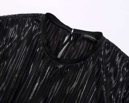 COMME MOI Lv Yan designer women's pin-pleated crewneck top commuter shirt - IVY.