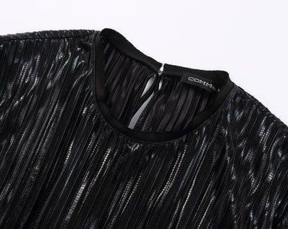 COMME MOI Lv Yan designer women's pin-pleated crewneck top commuter shirt - IVY.