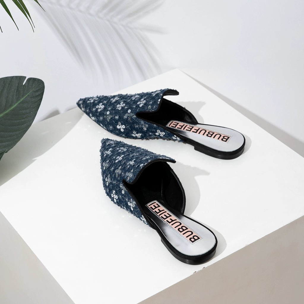 B-FEI'S Denim Sequin Pointed Toe Casual Flat Mules-MATT.