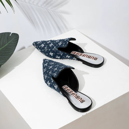 B-FEI'S Denim Sequin Pointed Toe Casual Flat Mules-MATT.