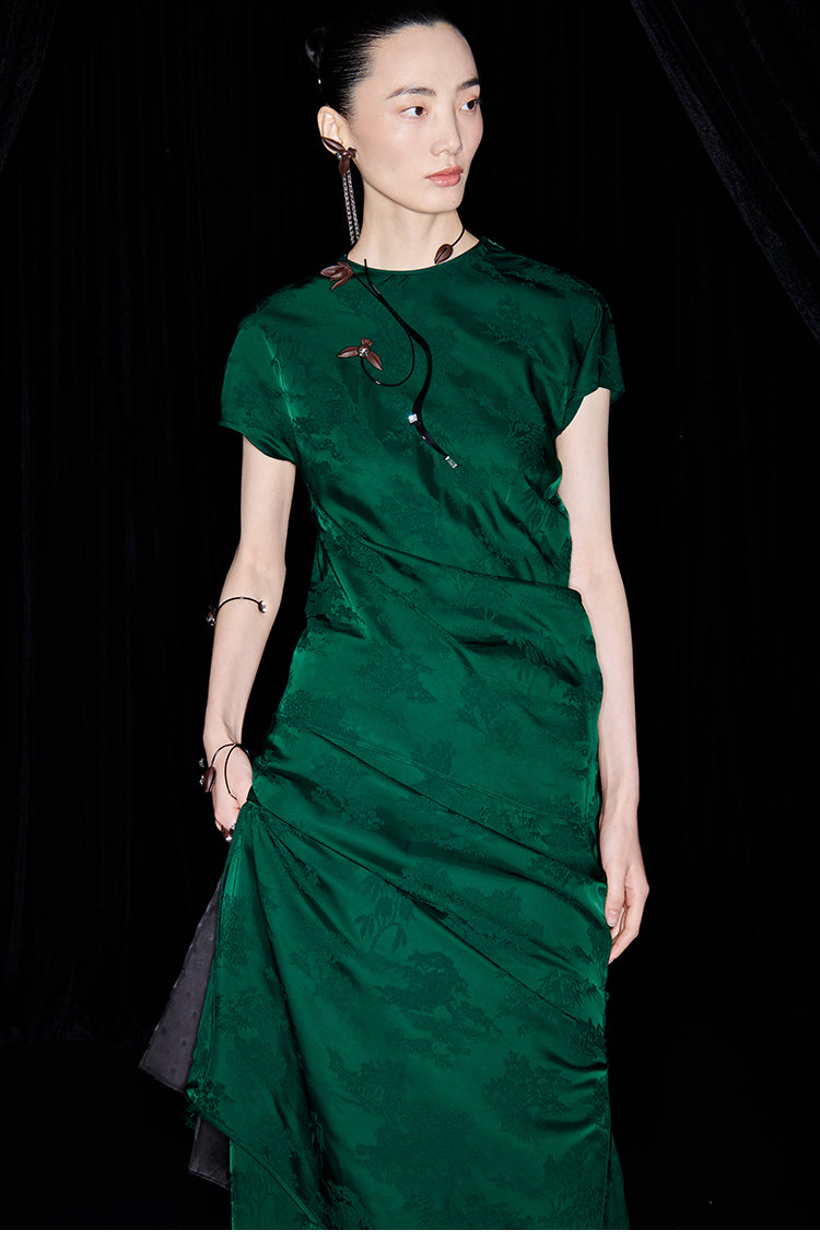 M essential Mackay designer emerald green Jacquard asymmetric top pants set - yellow.