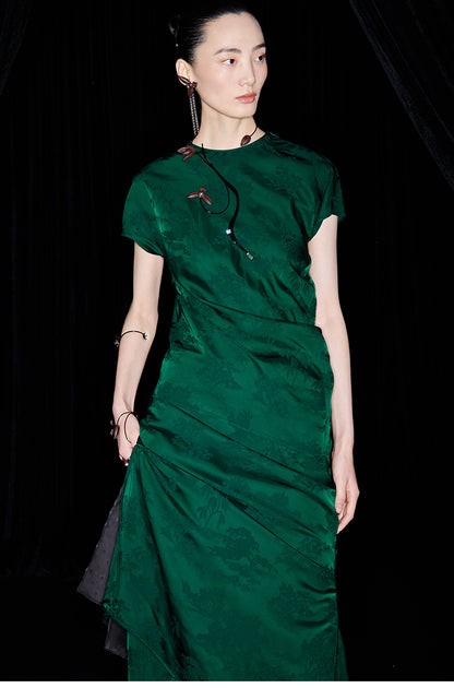 M essential Mackay designer emerald green Jacquard asymmetric top pants set - yellow.