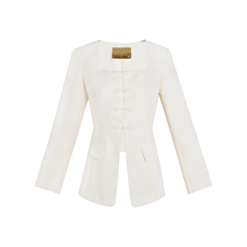 PURITY Elegant white jacquard square collar buckle blazer pant suit set- Jacquline