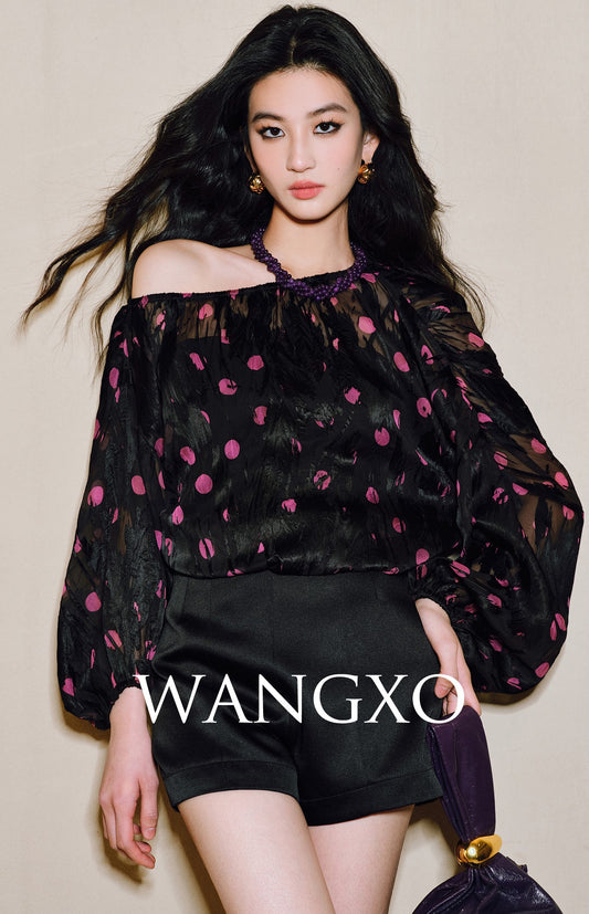 WANGXO | Sheer Silk French Retro Leopard & Polka Dot Loose Top -LYRA.