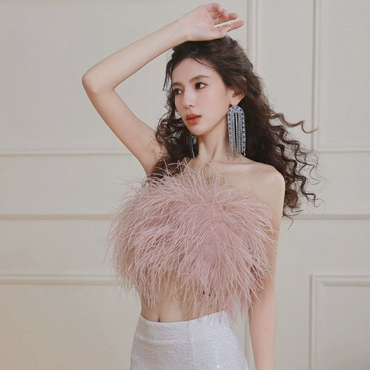 DOLLY Elegant Pink Fluffy Ostrich Feather Chic Tube Top-EMMA  (V)