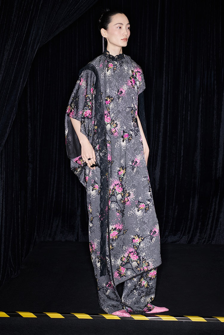 M essential Mackay designer cherry blossom print beaded asymmetrical dress - WORDS.