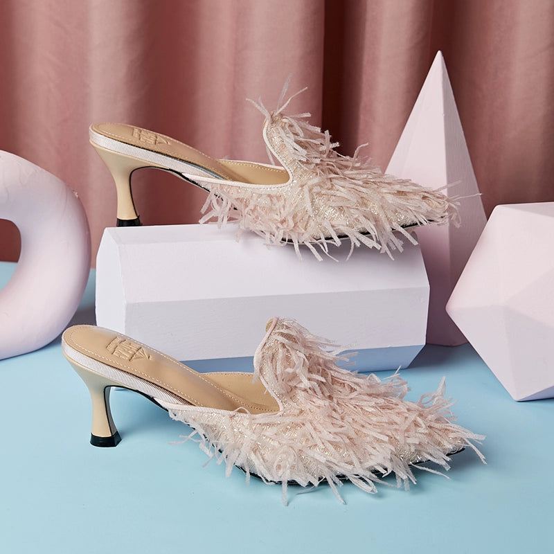 B-FEI fringed sandals slippers mules kitten heels-MUMT.