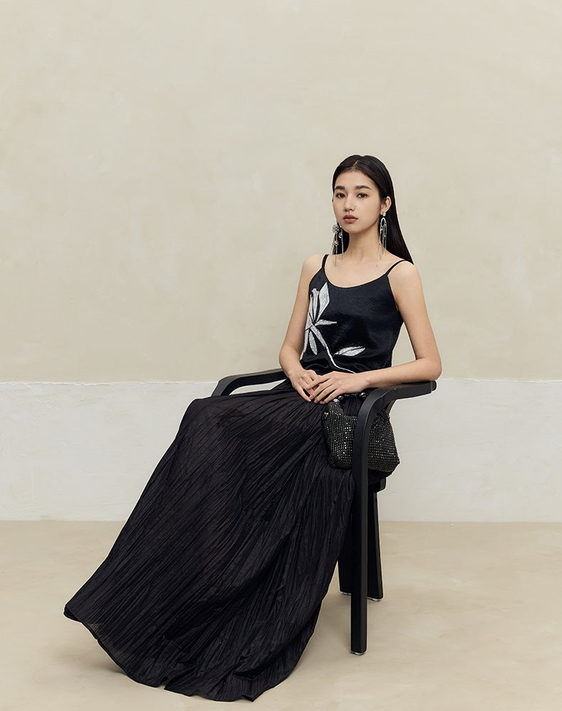 HECO striped texture swing high waist black green women's long skirt - muse.