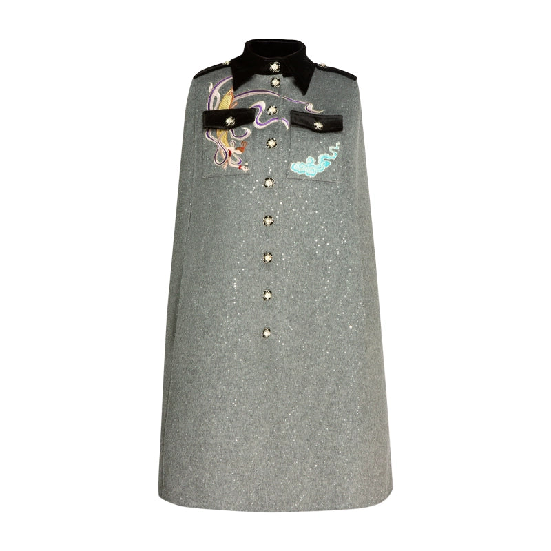 Magic Q Gray Dunhuang Embroidered Beaded Shirt Collar wool Cloak Shawl - Flying Sky