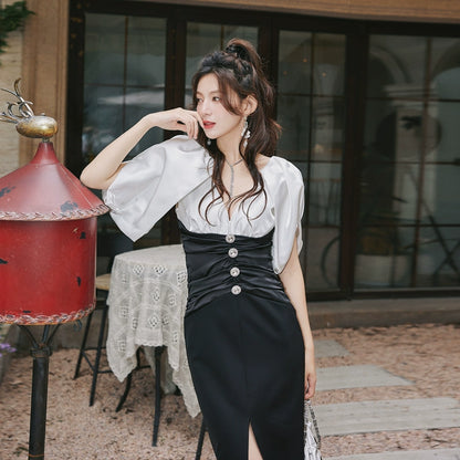 DOLLY Elegant Black and White Deep V-Neck Short Puff Sleeves Slim Fit Office Dress-ZOEY