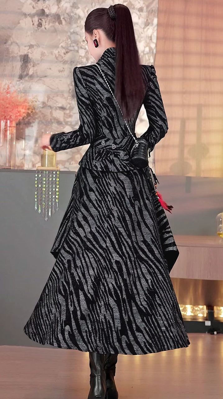 VJE zebra pattern suit skirt top irregular long skirt two-piece set- MONI.