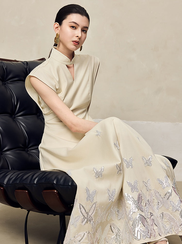 HECO Jacquard Acetate Hollow Stand Collar Thin A-line  Black White Dress Women - WEIGHT.