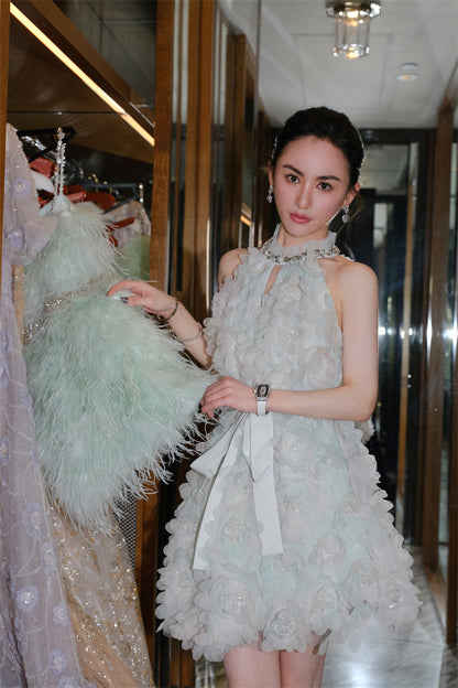 Wardrobes by Chen Luxury Pastel Green Ribbon Floral wedding guest bridal Dress-Onna