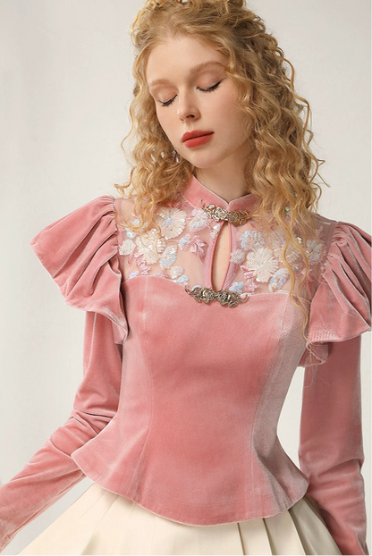 CHECOCRE Classy Winter Palace Style Retro Sequin Stitching Pink Peplum Top - SARAH.