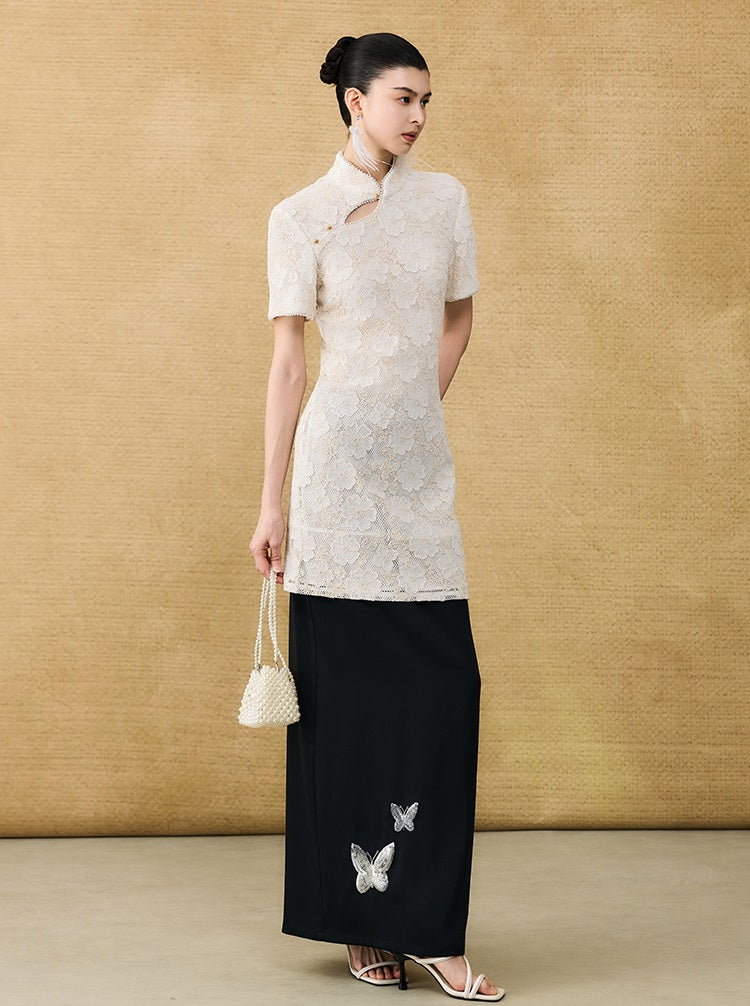 HECO Chinese style short-sleeved embossed flower summer cut-out short dress- TEMIRO.