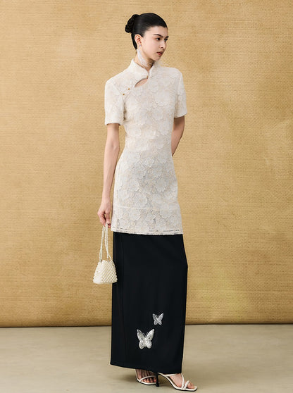 HECO Chinese style short-sleeved embossed flower summer cut-out short dress- TEMIRO.