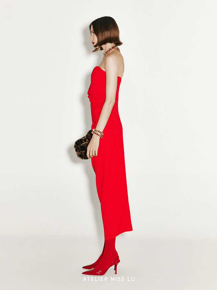 ATELIER MISS LU fall/winter irregular pleated design bandeau red dress -STEVE