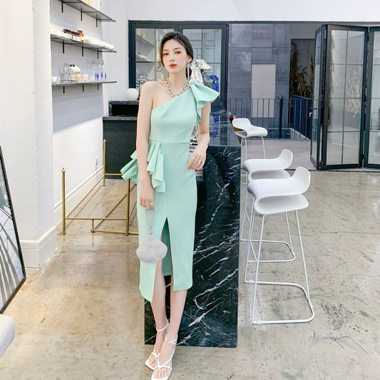 DOLLY Elegant Mint Green Slopping Shoulder Short Sleeve Long Wedding Guest Dress-RUKA