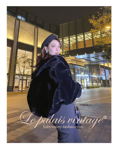 Le Palais Vintage Black Long Sleeves Short Faux Fur Coat and Dinner Skirt Suit-Selena.