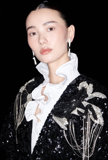 M essential Mackay designer three-dimensional silver orchid catenary beaded jacket - tems.